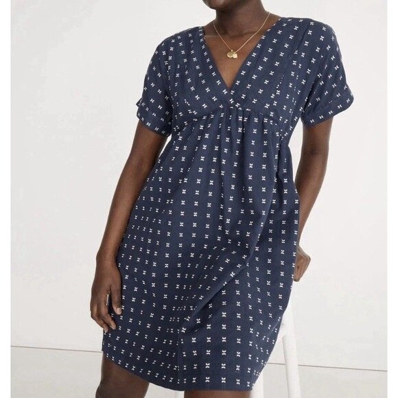 Madewell Navy & White Textured Dot V-Neck Dolman Sleeve Mini Dress Sz XS Preppy - Picture 1 of 8